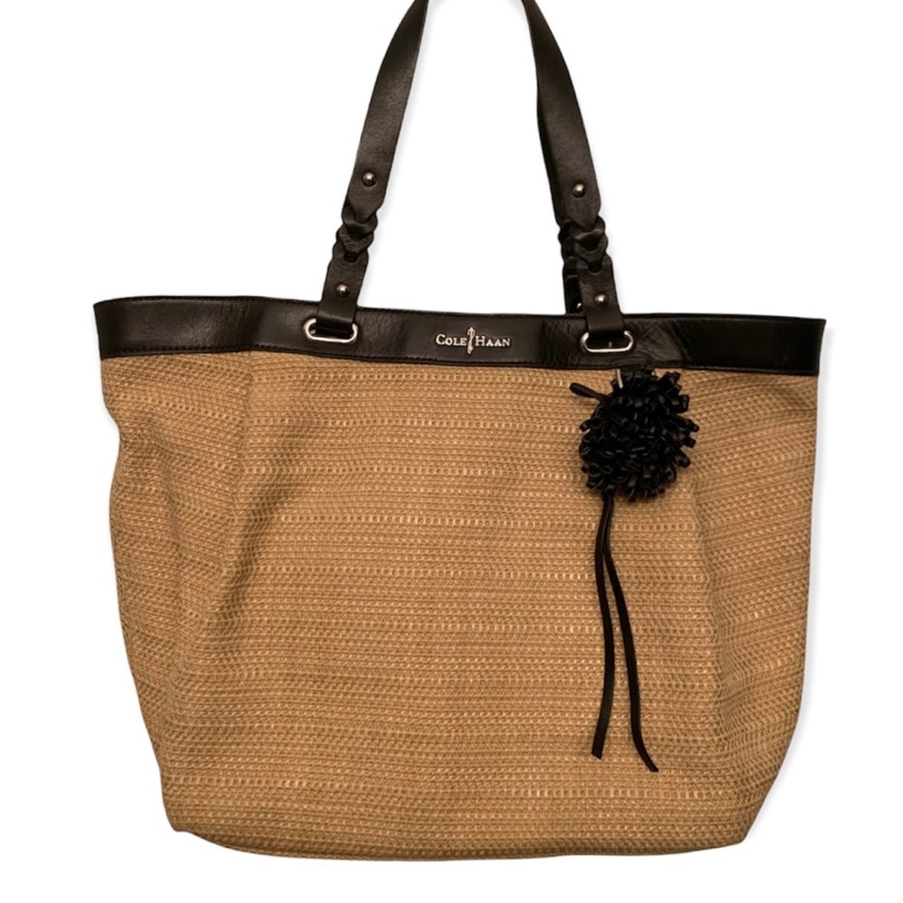 Cole Haan Large Straw Tote Purse Handbag w/ Black Leather Trim